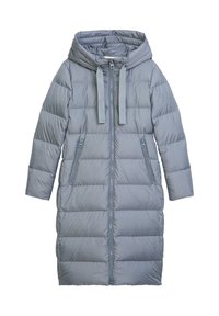 Gevoerde, knie-lange jas in lichtgrijs met een capuchon, voorzien van twee voorzakken met rits en verticale quiltpatronen. Soepele textuur.