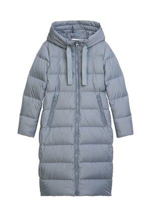 Gevoerde, knie-lange jas in lichtgrijs met een capuchon, voorzien van twee voorzakken met rits en verticale quiltpatronen. Soepele textuur.