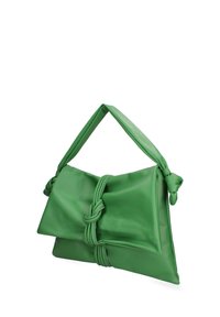 Groene leren handtas met een geknoopte handgreep, rechthoekige vorm en een gladde textuur. Bevat prominente plooien en een oversized klepontwerp.