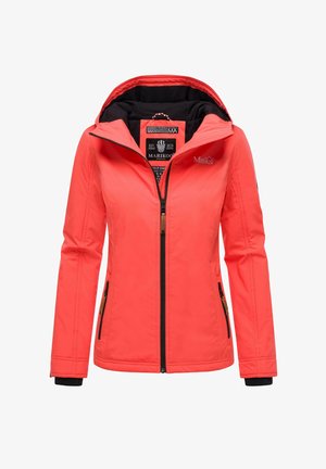 Coralová bunda s kapucňou, predným zipsom, bočnými vreckami na zips a akcentmi loga. Má hladký povrch a kapucňa je čierne podšívkovaná.