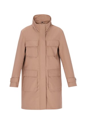 Beige knælængde frakke med høj krave, fire forlommer og lige snit. Fremstillet af glat, let stof.