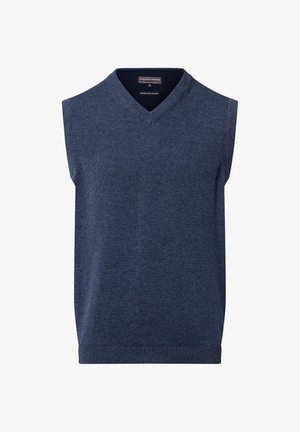 Granatowy, bezrękawnik z dzianiny z dekoltem w kształcie litery V. Gładka faktura z prążkowanymi wykończeniami na dole i otworach na ramiona. Wykonany z miękkiego, średniej grubości materiału.