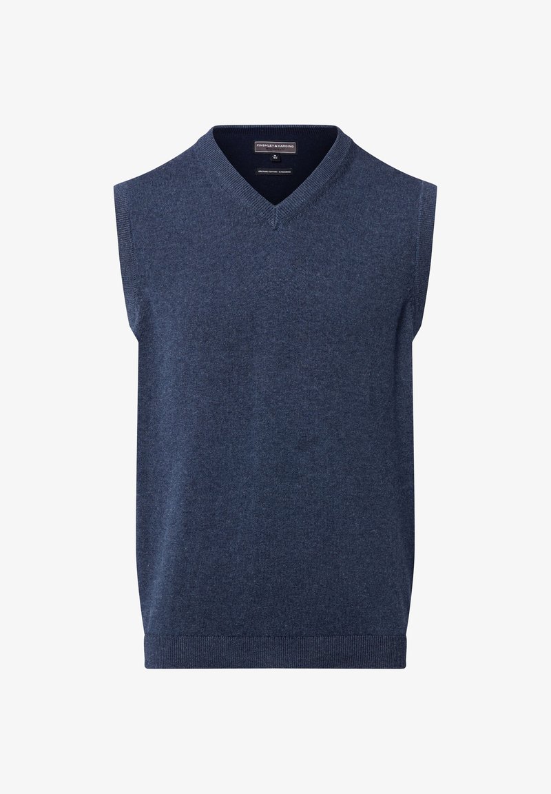 Granatowy, bezrękawnik z dzianiny z dekoltem w kształcie litery V. Gładka faktura z prążkowanymi wykończeniami na dole i otworach na ramiona. Wykonany z miękkiego, średniej grubości materiału.