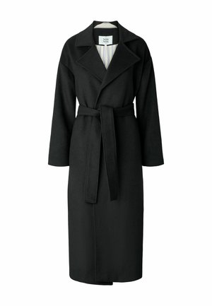 Trench coat in lana nera con colletto a revers, maniche lunghe e cintura sul davanti. Presenta un foderato a righe in contrasto.