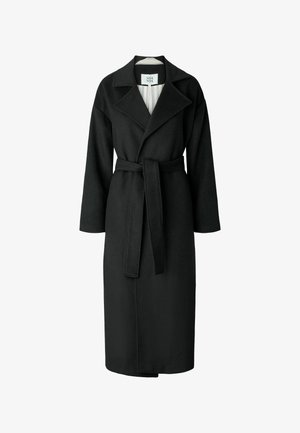 Must mustriga kahekulmne mantel, millel on krae, pikad varrukad ja ees seotud vöö. Omab kontrastset triibulist voodrit.