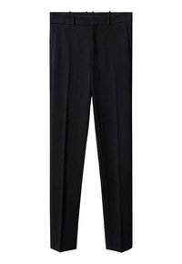 Pantalones negros con un diseño elegante, corte recto, frente plano y pasadores para cinturón. Fabricados con una tela suave, sin patrones ni herrajes visibles.