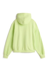 Cropped hooded sweatshirt in light green. Soft, stretchy fabric with ribbed cuffs and hem. Features a rounded hood and dropped shoulders.