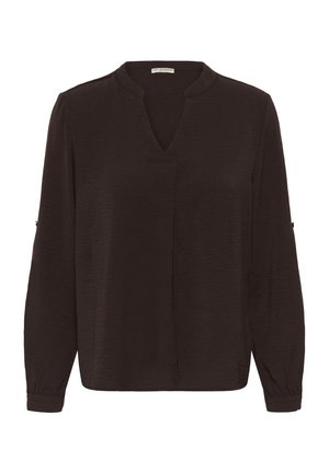 Tmavě hnědá halenka s dlouhým rukávem a výstřihem do V, vyrobená z texturované látky. Má nařasené manžety a malý rozparek u výstřihu.
