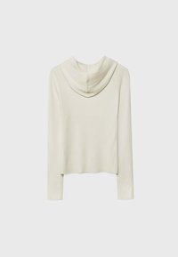 Light beige ribbed long-sleeve top featuring a hood, cropped length, and a textured fabric design.