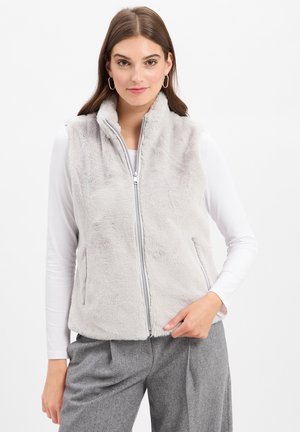 Lichtgrijze, nepbont gilet met een hoge kraag, ritssluiting aan de voorkant en zonder mouwen. Draag het over een witte langsteek top en grijze broek.