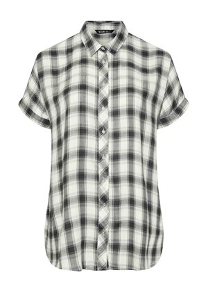 Kurzärmliges, knöpfbares Hemd im schwarz-weißen karierten Muster, mit Kragen, lässiger Passform, abgerundetem Saum und einer Brusttasche.