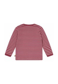 Maglia a maniche lunghe di colore rosa scuro con strisce orizzontali bianche, caratterizzata da un colletto a girocollo e un piccolo etichetta con logo sull'orlo. Materiale in cotone morbido.
