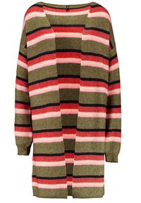 Pruhovaný kardigan v barvách olivově zelené, růžové, červené a námořnické modré. Disponuje otevřeným předním dílem, dlouhými rukávy a texturovaným pleteným vzorem. Volný střih.