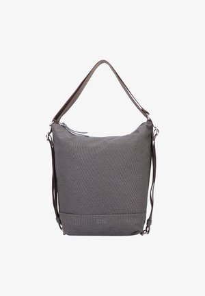 Grijze stoffen schoudertas met een ritssluiting aan de bovenkant, een bruin leren schouderband en een subtiel logo op de voorkant. Zachte textuur met een modern ontwerp.