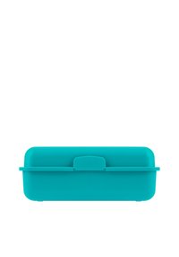 Scatola di stoccaggio in silicone turchese con forma rettangolare, texture liscia e un coperchio con maniglia centrale. Misura circa 30 cm di larghezza.