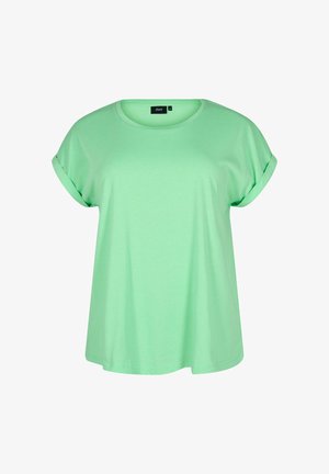 Koszulka z krótkim rękawem, okrągłym dekoltem w jasnym zielonym kolorze, wykonana z bawełny. Posiada podwinięte rękawy i luźny krój. Metka widoczna przy dekolcie.