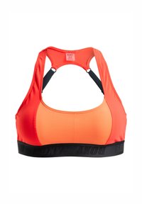 Bra sportivo Roxy in sfumature di arancione con banda elastica nera con testo del logo. Design a corsetto, texture del tessuto liscia.