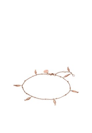 Zartes Armband aus Roségoldkette mit kleinen, fischförmigen Anhängern, die gleichmäßig entlang der Kette verteilt sind, und Karabinerverschluss.