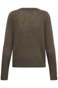 Pull en vert olive foncé, fabriqué en tissu tricoté, avec des manches longues, un col rond et une coupe décontractée avec une texture lisse.