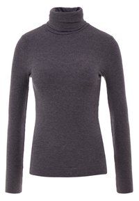 Dunkelgrauer Rippstrick-Pullover mit langem Arm und Stehkragen, der eine figurbetonte Silhouette und ein schlichtes Design hat.