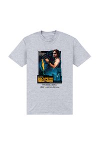 Grå bomull T-shirt med en grafisk tryck av en filmplakat för "Escape from New York", med djärva färger och textdetaljer.