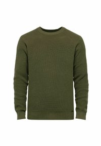 Oliwkowy sweter dzianinowy o ryflowanej fakturze, okrągłym dekolcie i długich rękawach. Posiada prosty dół oraz subtelne logo na dole.