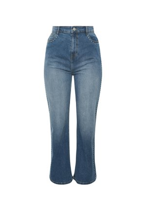 Hoge taille blauwe denim jeans met een uitlopende snit, voorzien van studs langs de zijnaden en een gladde textuur.