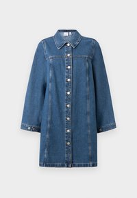 Denim jaka ar pogu priekšpusi, krekla apkakli un garām piedurknēm. Ievērojama zila krāsa ar kontrastējošām šuvēm un brīvu piegriezumu.