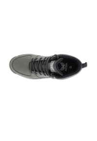 Mid-top grey suede hiking shoe features a lace-up design, padded tongue, and textured accents with a looped heel for easy wear.