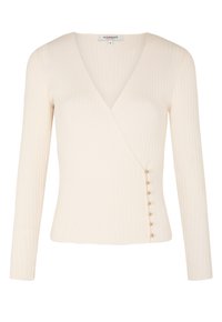 Maglietta bianca a manica lunga con scollo a V, caratterizzata da un dettaglio a bottoni su un lato. Realizzata in un tessuto texturizzato per uno stile aderente.