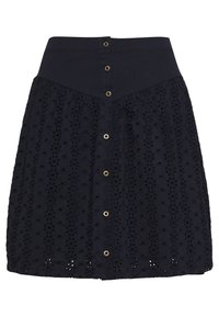 Sukně v námořnické modři se zapracovaným pasem, detaily s dírami a předními knoflíky ve zlatém odstínu. Ohnutý tvar s texturovanou látkou.