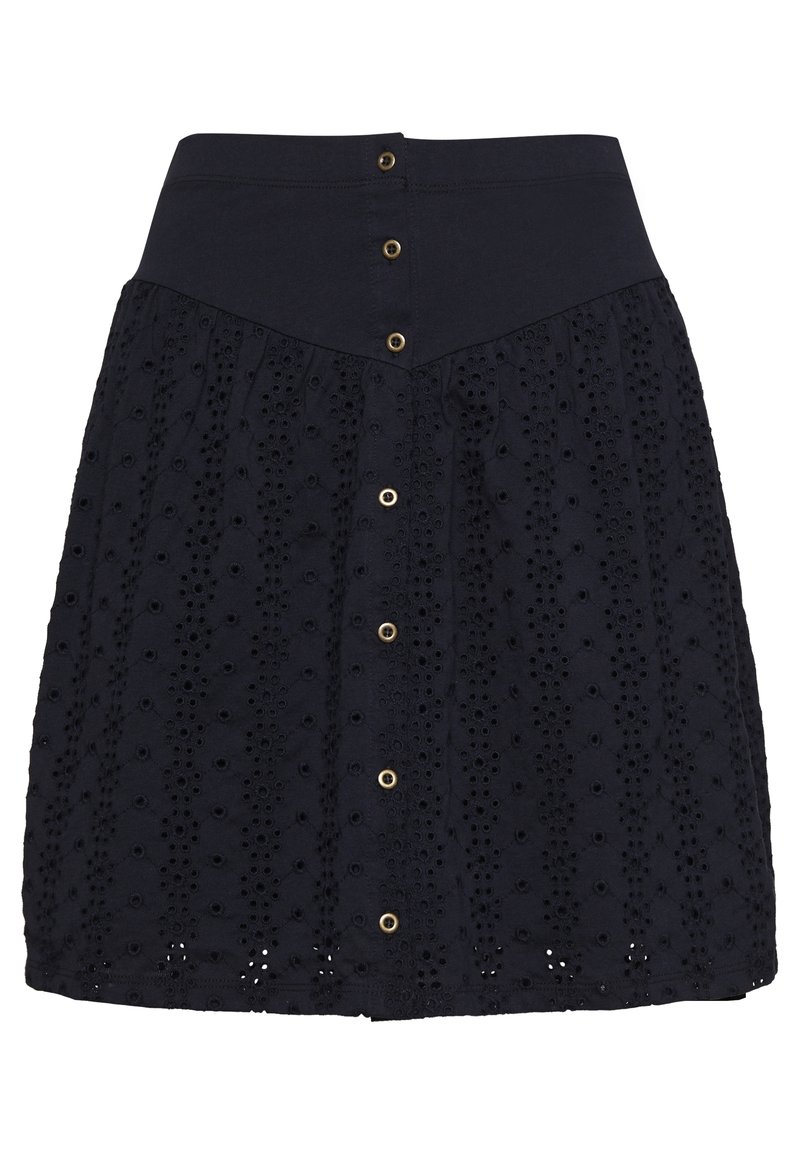 Sukně v námořnické modři se zapracovaným pasem, detaily s dírami a předními knoflíky ve zlatém odstínu. Ohnutý tvar s texturovanou látkou.