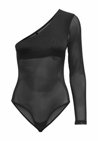 Sort bodysuit med én lang ærme og én skulderdesign, lavet af gennemsigtigt materiale. Har en tætsiddende form og glat tekstur.