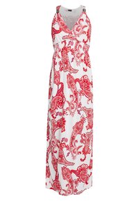 Maxi-jurk van witte katoen met een rood paisleypatroon. V-halslijn, verstelbare schouderbanden en een elastische taille voor een comfortabele pasvorm.
