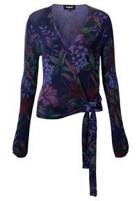 Top floral azul marino con mangas largas, escote en V y detalle de lazo en la cintura, con patrones de flores moradas, verdes y rojas.