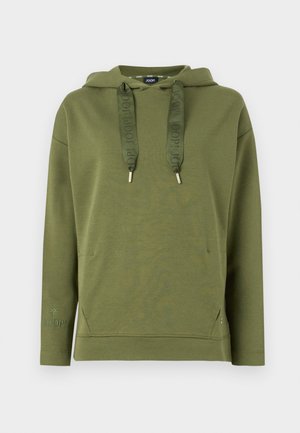 Felpa verde oliva in morbido tessuto con tasca a canguro, cordoncino regolabile con logo e branding discreto sulla manica.