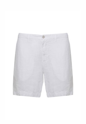Pantaloncini casual bianchi con chiusura con bottone e cerniera, passanti per cintura e orlo dritto, mostrati su uno sfondo bianco semplice.