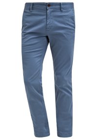 Blå bomullsbukser med smal passform, med en standard midjeband, framfickor och en enkel knappstängning. Slät yta och rena linjer.