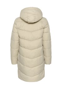 Light beige puffer coat with a hood, featuring a chevron design, long sleeves, and a smooth, slightly shiny texture.