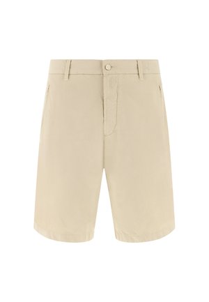 Shorts beige mi-longueur avec fermeture par bouton et zip, poches latérales et passants pour ceinture, présentés sur un fond blanc.