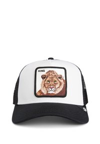 White cap with black mesh sides, featuring a lion's face embroidered on the front within a square. "KING" text above the design.