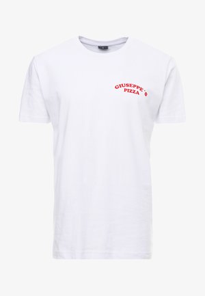 White cotton t-shirt with short sleeves, featuring red text "GIUSEPPE'S PIZZA" printed on the left chest area. Simple design, classic fit.