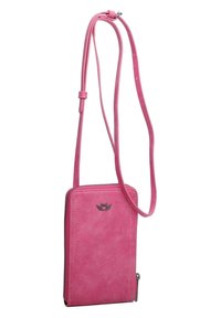 Różowa torebka na ramię z faux skóry z zamkiem błyskawicznym, regulowanym paskiem i logo z przodu. Prostokątny kształt i gładka faktura.