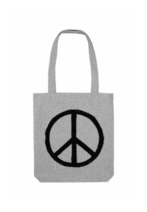 Borsa tote in tessuto grigio con manici lunghi, caratterizzata da un grande simbolo della pace nero al centro della parte anteriore.
