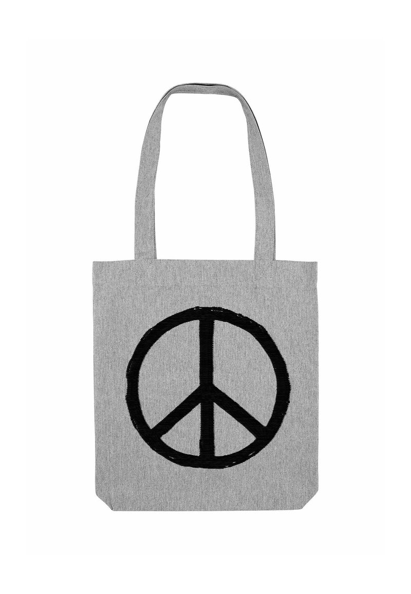 Borsa tote in tessuto grigio con manici lunghi, caratterizzata da un grande simbolo della pace nero al centro della parte anteriore.