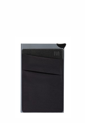 Black wallet with a smooth black elastic band and a gray exterior. Features a card slot and subtle embossed logo in the corner.