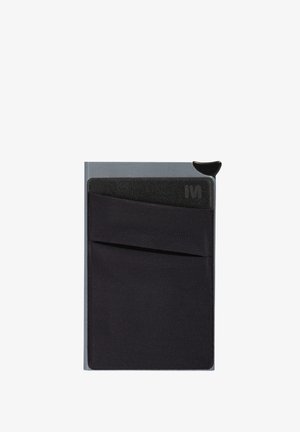 Black wallet with a smooth black elastic band and a gray exterior. Features a card slot and subtle embossed logo in the corner.