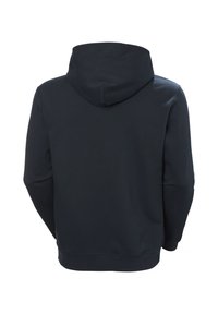 Donkerblauwe hoodie, gemaakt van zacht katoen, heeft een verstelbare trekkoord capuchon en ribgebreide manchetten. De achterkant heeft een schone, eenvoudige uitstraling.