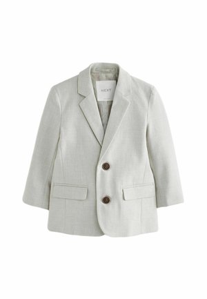 Blazer bébé gris clair avec revers crantés, deux poches à rabat sur le devant et deux boutons marron sur le devant.