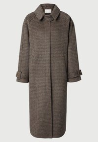 Μακρύ καστανό και μπεζ παλτό από μαλλί με σχέδιο καρό, γιακά, κρυφές μπροστινές κουμπωτές, πλαϊνές τσέπες και κουμπωτές ιμάντες στα μανίκια.